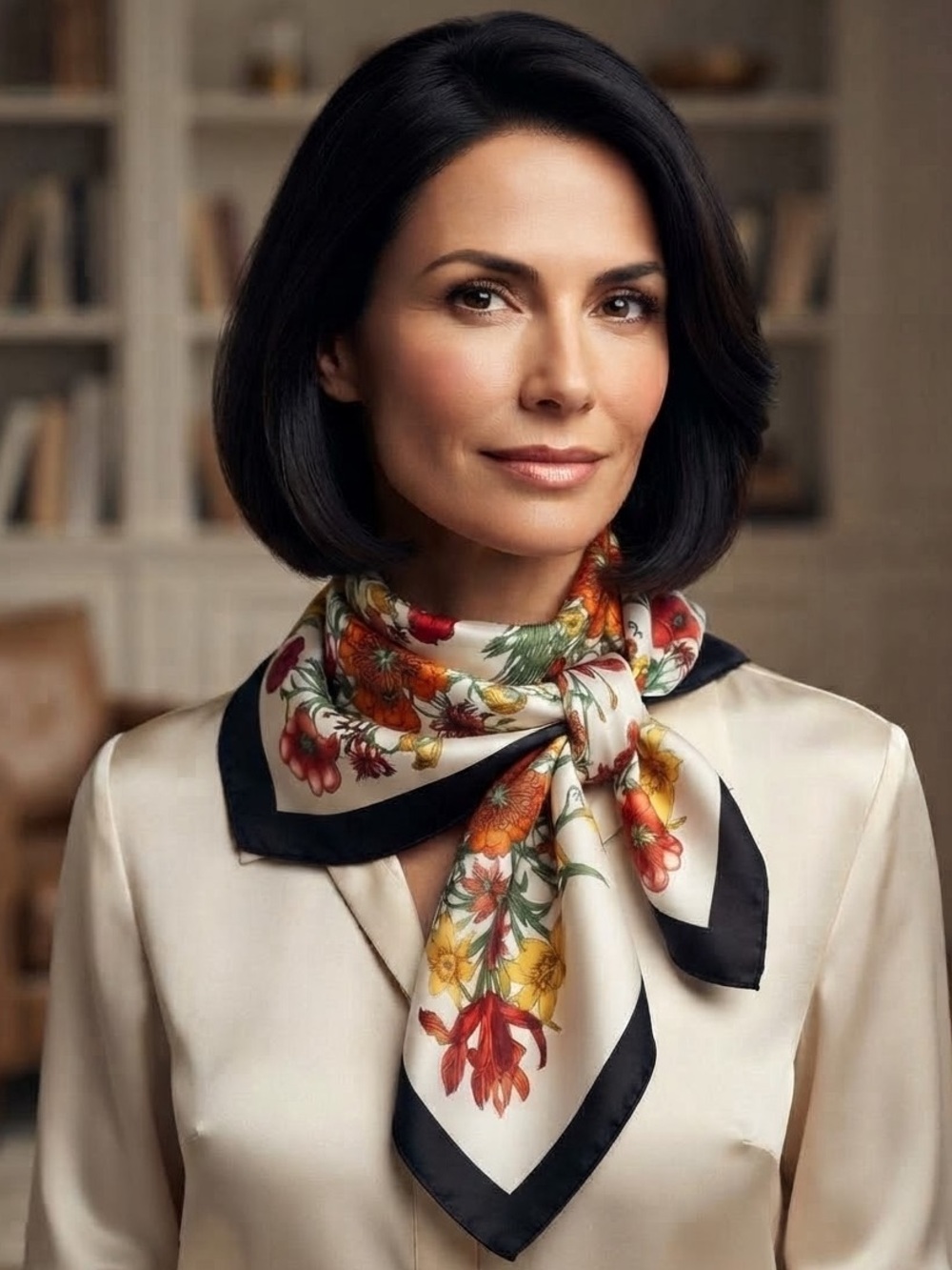 Lorenzo di Credi Floral Square Scarf with Black Border 31” x 30”